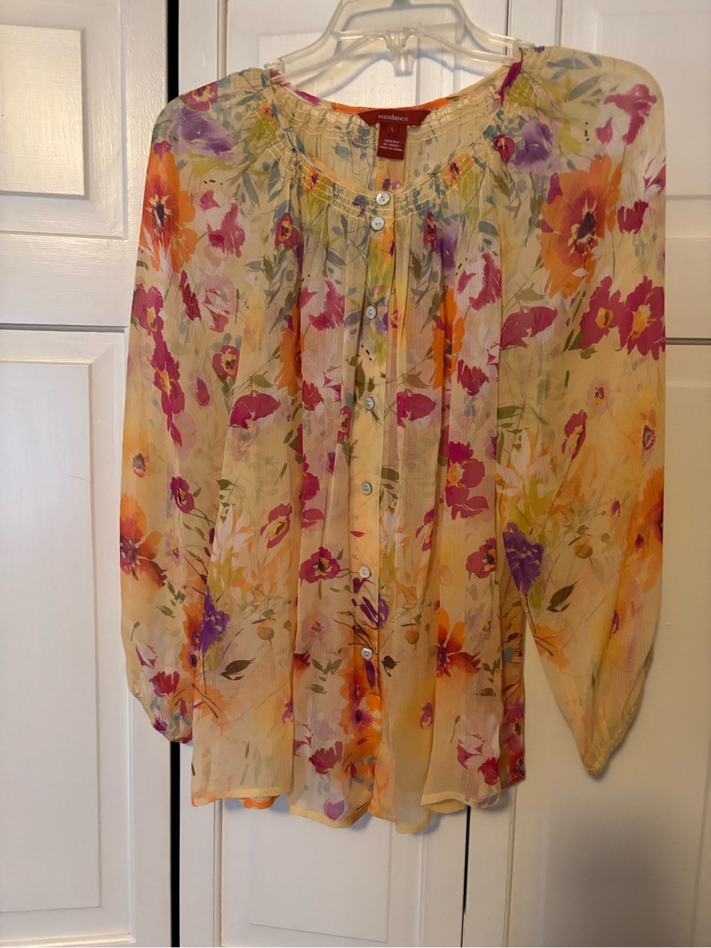 NWT Sundance 100% Silk Floral Pintuck Blouse Sz L